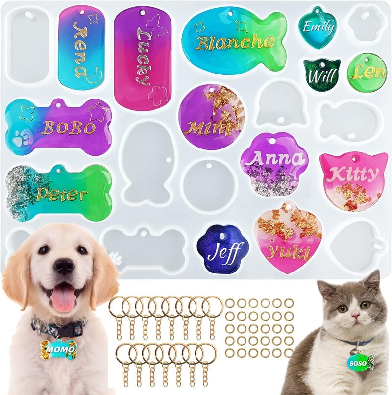 Actvty Pet Tag Resin Mold Silicone, Dog Tag Molds for Resin, Dog Bone Cat Shaped Keychain Silicone Resin Molds with 15Pcs Keychains DIY Crafts Making Tag Charm Pendant - Image 1